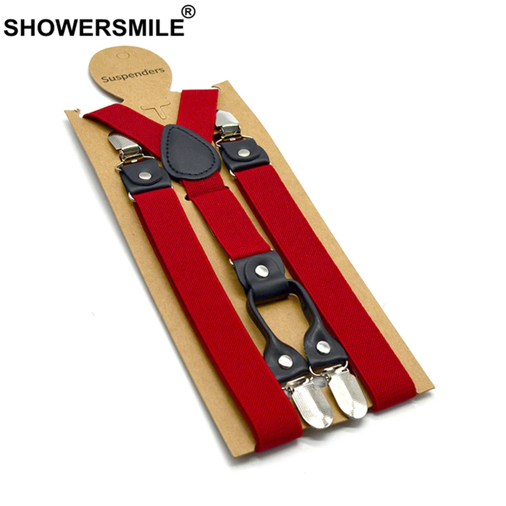 Showersmile-suspensórios vermelhos, calças clássicas masculinas, modelo casual retrô, costas de 120cm, 4 grampos, elástico, cinto com suspensório