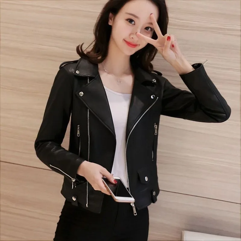 Frauen Neue Schwarz Pu Jacken Chic Schlank Solide Farben Pu Leder Jacken Zipper Langarm Motorrad Stil Kleidung Frühling Herbst