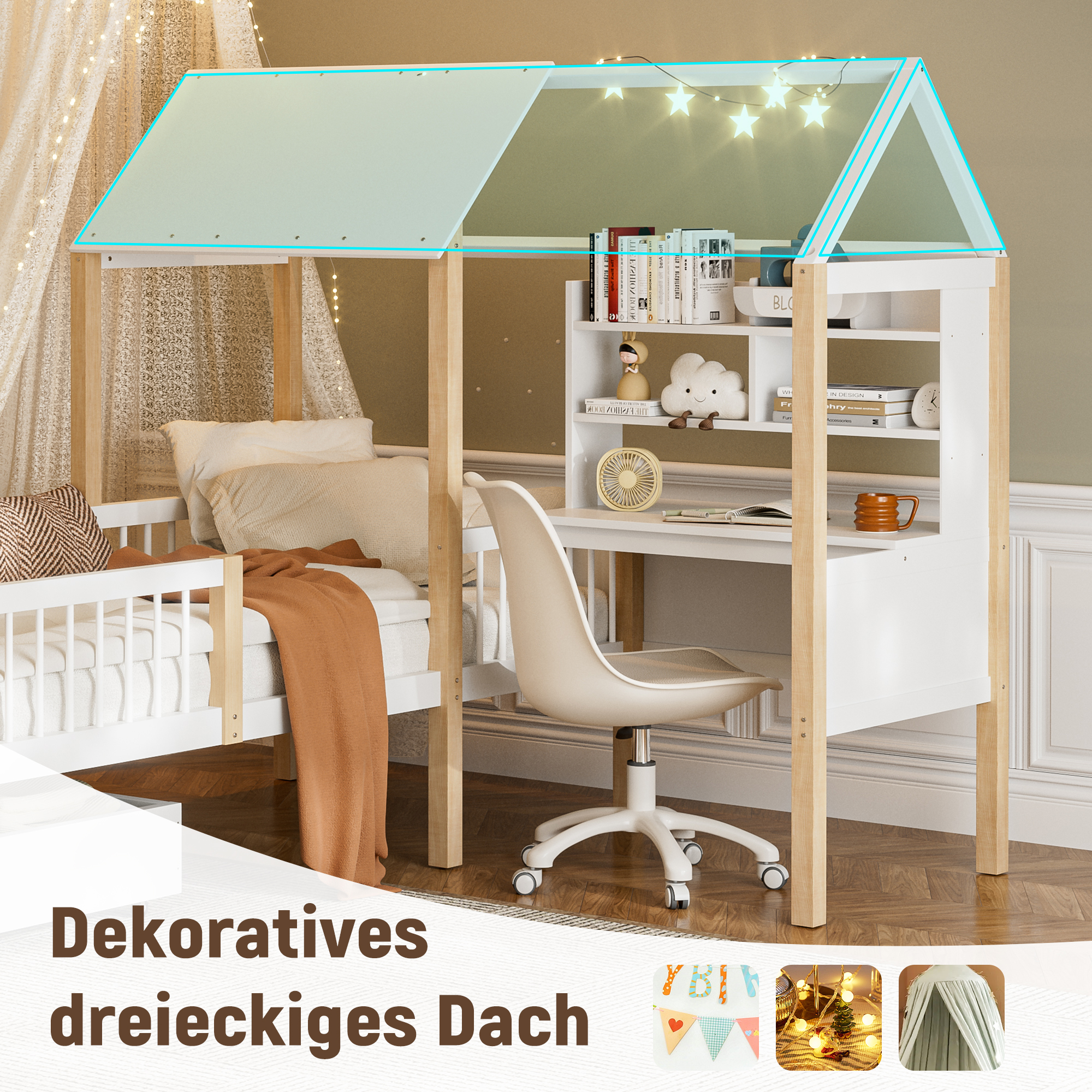 90 x 200 cm Kinderbett mit Rausfallschutz und Lattenrost, L-förmigem Schreibtisch und Bücherregal, Schubladen mit Rollen, multif