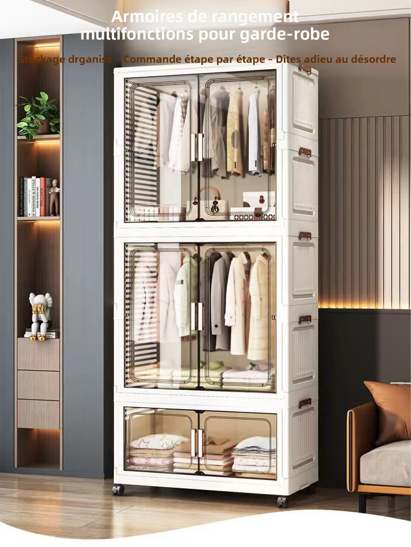 Armoire de rangement pliable, organisateur de placard multi-scènes pour la maison, le bureau, la cuisine, la salle de bain, gain de place avec portes