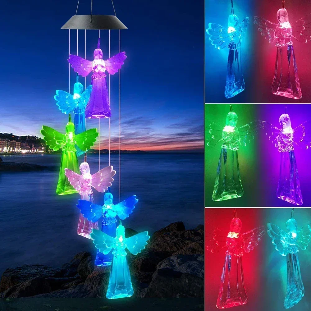 Solar Powered Wind Chime Light Angels Color Changing Night Light Outdoor/Indoor Garden Yard Patio Decor Hanging Lamp