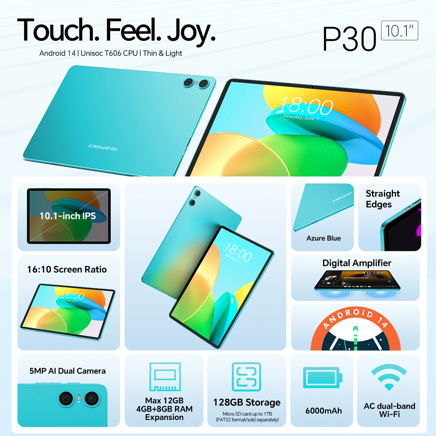 Teclast P30 Android 14 Tableta de 10.1 "IPS, MAX 12GB RAM, 128GB ROM, UNISOC T606 Octa-core, tipo C, Jack de 3.5 mm, WideVine L1