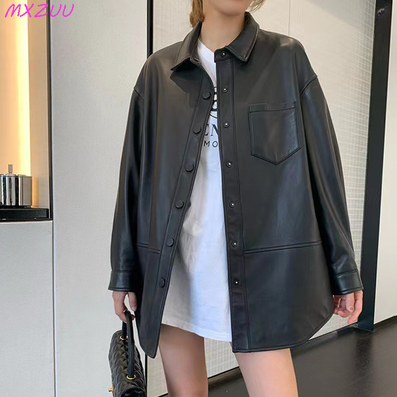 Da Thật Áo Khoác Áo Polo Nữ Cổ Thắt Dây Eo Đóng Trung Bình Đến Dài Da Cừu Blusa Feminina Dáng Rộng Đen áo Khoác