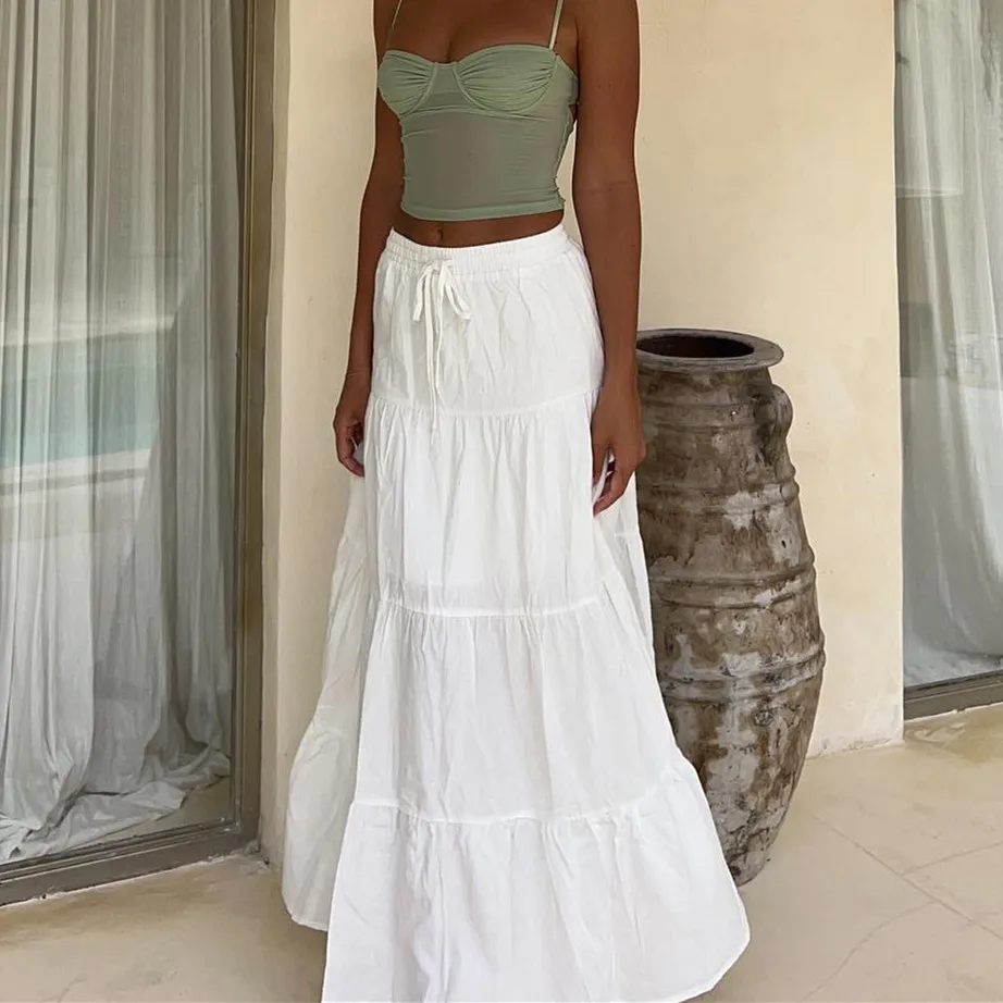Falda larga bohemia para mujer Y2k, falda larga plisada con volantes y cintura alta elástica, falda informal escalonada de pradera fluida Aline