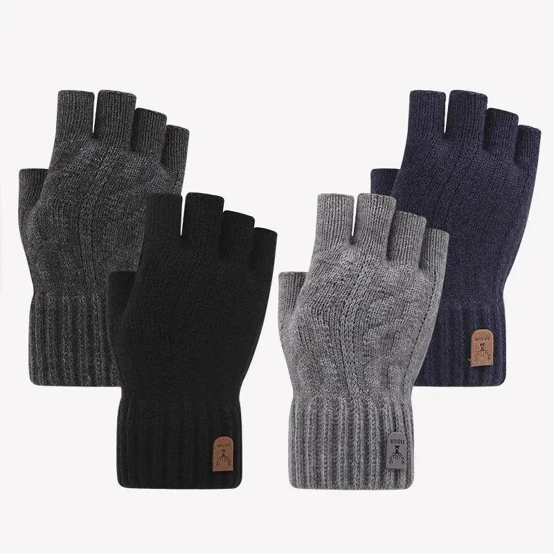 Luvas de inverno para homens meio dedo escrita escritório ciclismo luvas de malha estudantes lã alpaca quente grosso elástico luvas de condução