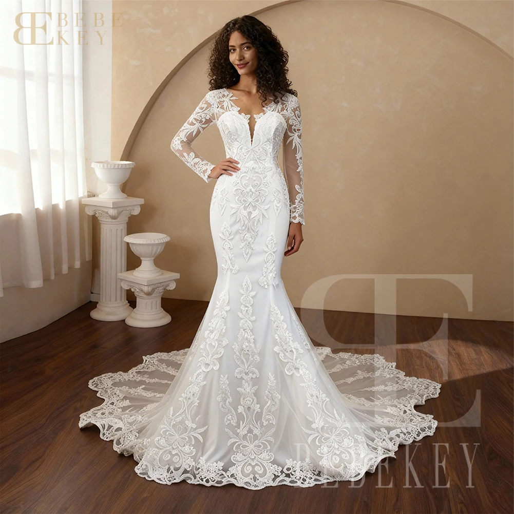 BEBEKEY Vestido de novia de encaje de manga larga para mujer, vestidos de novia con cuello redondo y cola capilla, vestido de fiesta de boda de sirena