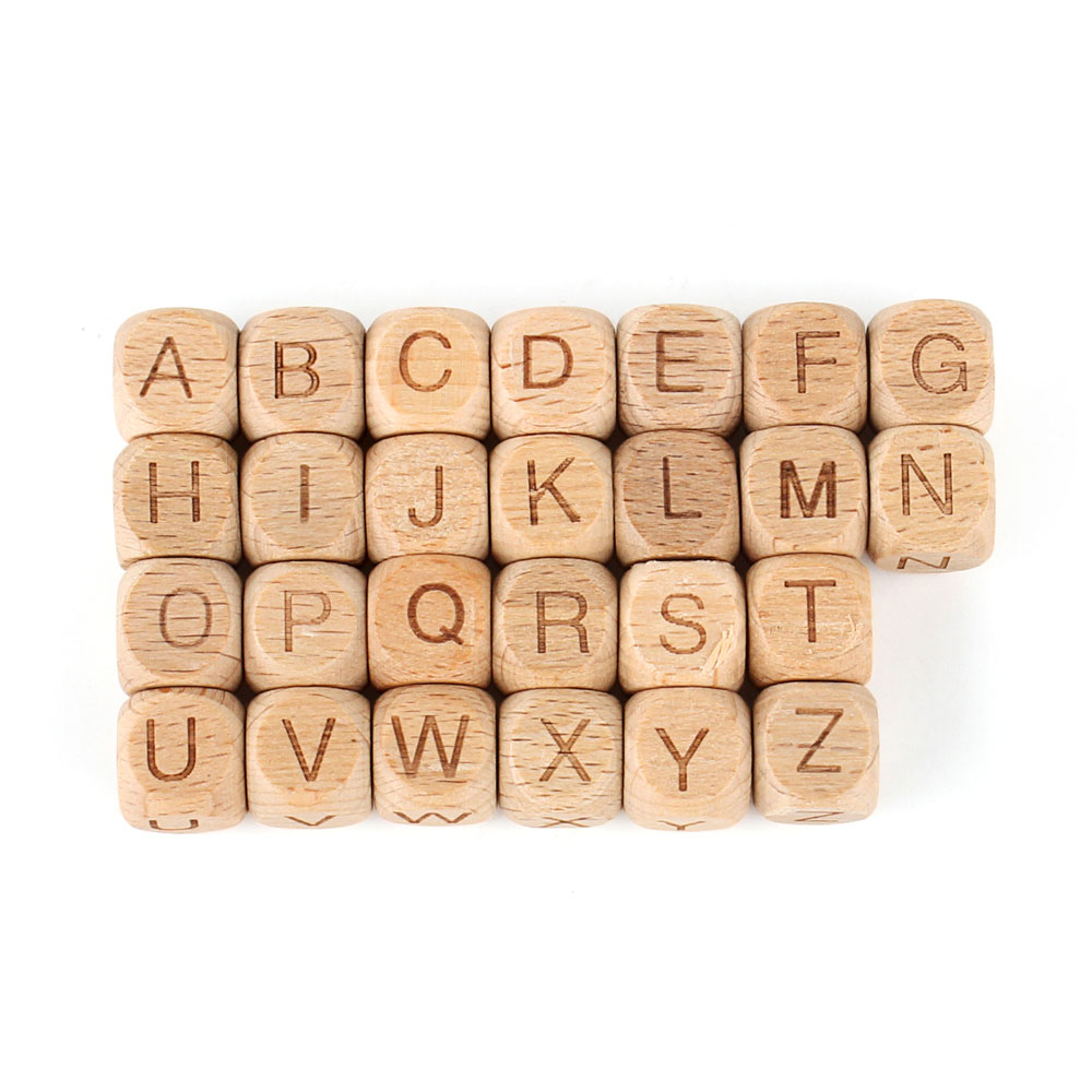 10/100/300/500/1000 Uds cuentas de letras de madera mordedor para bebé DIY cadena de chupete para la dentición 12mm alfabeto inglés cuentas de madera Natural