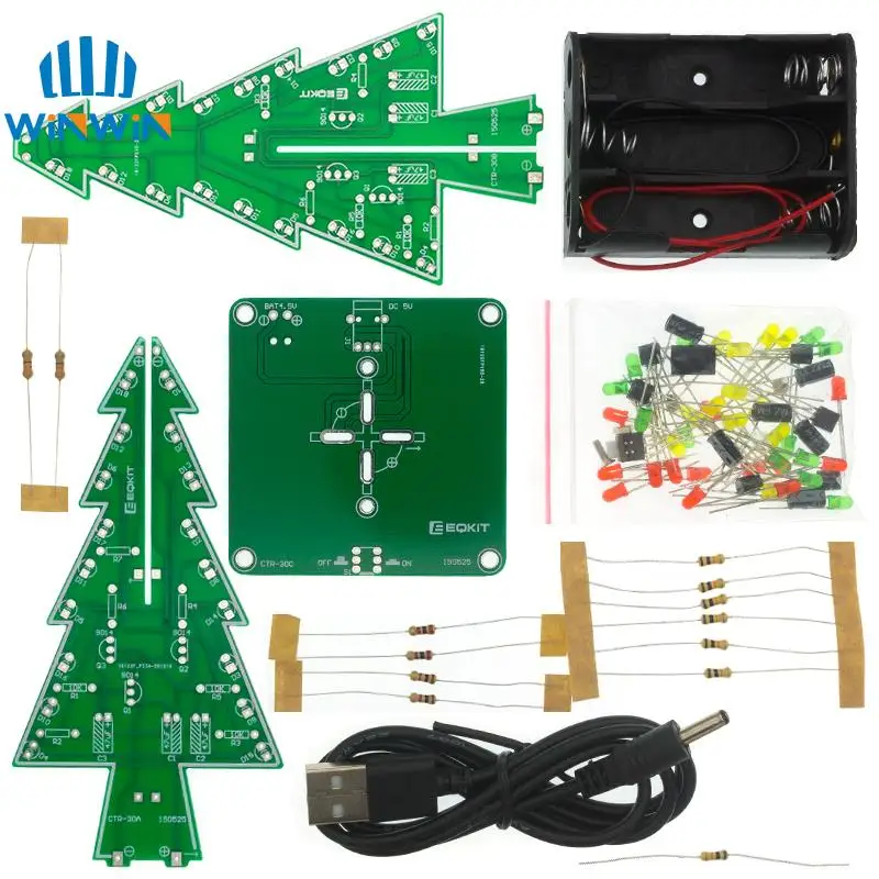 Kit de bricolaje LED de árbol de Navidad 3D tridimensional, Kit de circuito de Flash LED rojo/verde/amarillo, Suite electrónica divertida
