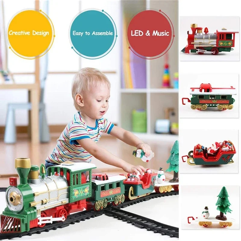 Trem de natal elétrico brinquedos presentes para crianças carros ferroviários faixas de corrida com música papai noel árvore de natal decoração trens