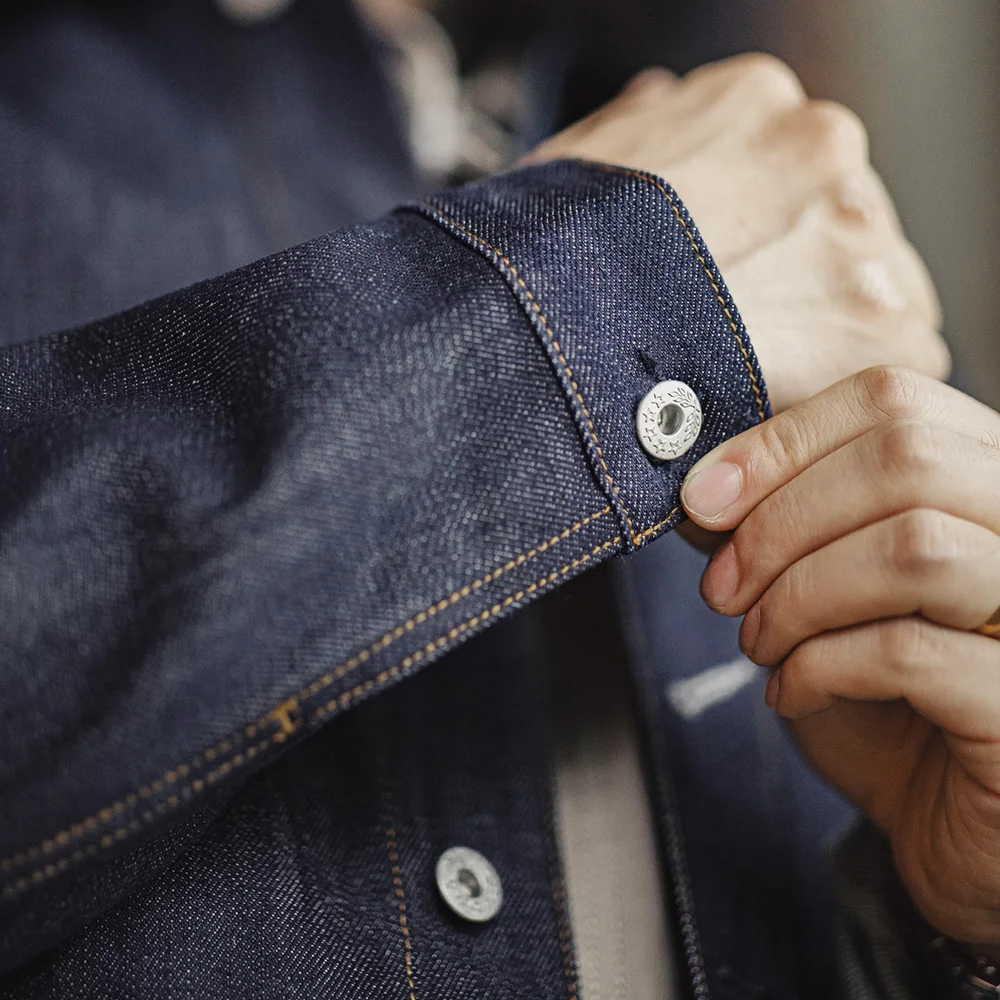 Maden jaqueta vintage de denim pesado 16,5oz com colarinho dobrável, design liso, abotoamento simples e impressão interna, 100% algodão, jaqueta masculina para primavera e outono