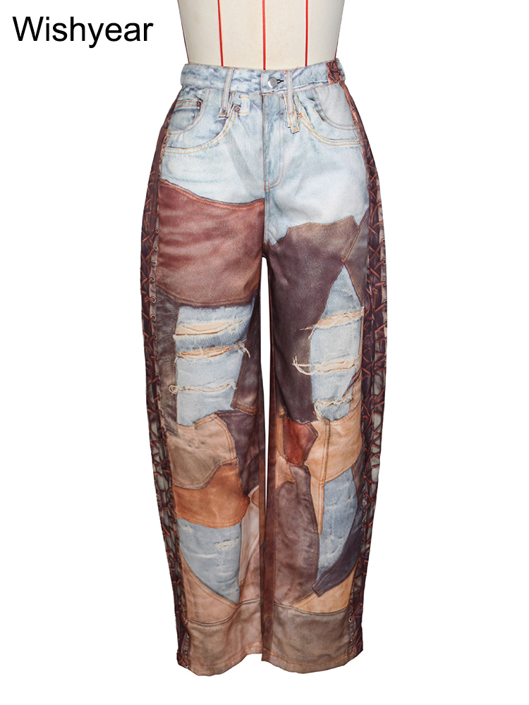 ผู้หญิง Patchwork Jean พิมพ์ Unisex Cool สาวแฟชั่นกลางเอวตรงกางเกงขากว้างหลวม Cargos กางเกง y2k กางเกง