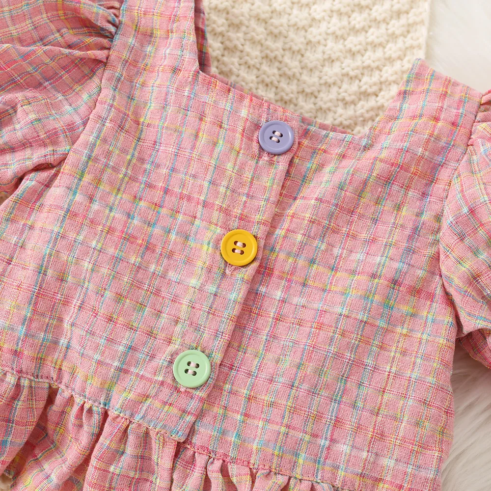 (0-3 anni) Set di top e pantaloncini con maniche a palloncino scozzesi in cotone color cotone per bambina estiva Set di due pezzi stile principessa carino per ragazze