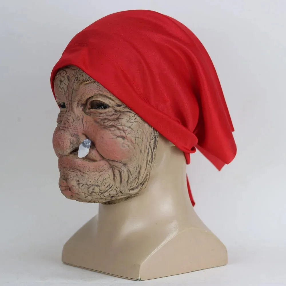 Divertente fumatori nonna vecchio Nana maschera in lattice signora nonna con viso rugoso e sciarpa rossa maschere puntelli per costumi da festa di Halloween