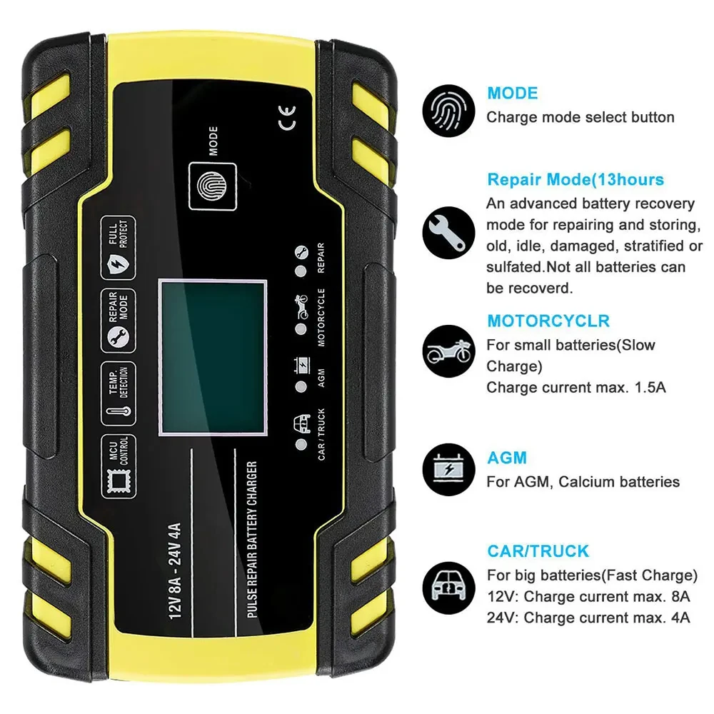 FOXSUR 12V 24V 8A Automatyczna ładowarka do akumulatorów 3-stopniowa naprawa impulsów Wyświetlacz LCD Inteligentna ładowarka do akumulatorów samochodowych ŻEL/AGM ZEWET kwasowo-ołowiowy