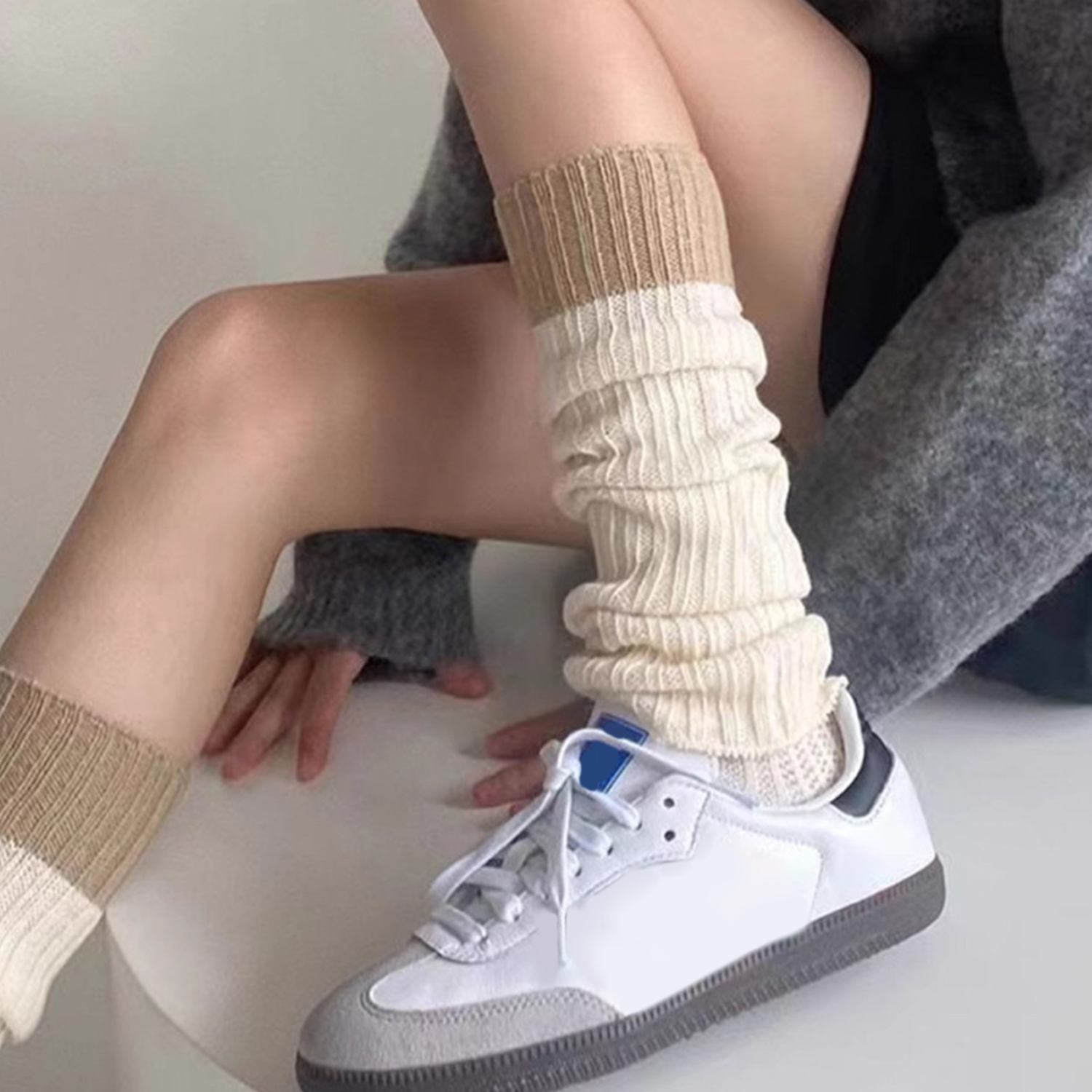 Mulheres tricô lã perna mais quente outono inverno lolita contraste cor térmica meias longas capa de pé bonito menina magro bezerro meias