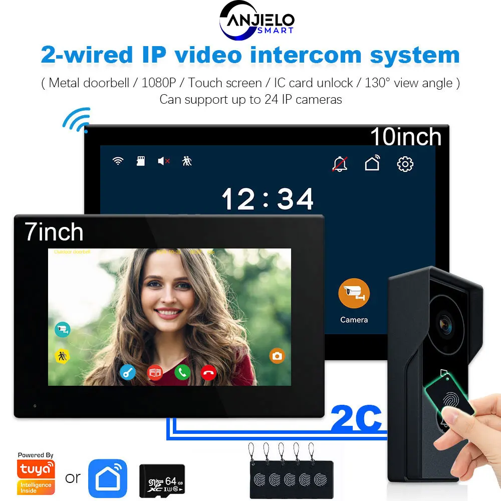 ANJIELO 2-проводной дверной звонок Visiophone, видеодомофон для дома, металлический дверной телефон, поддержка IP-камеры Tuya Smart 1080P