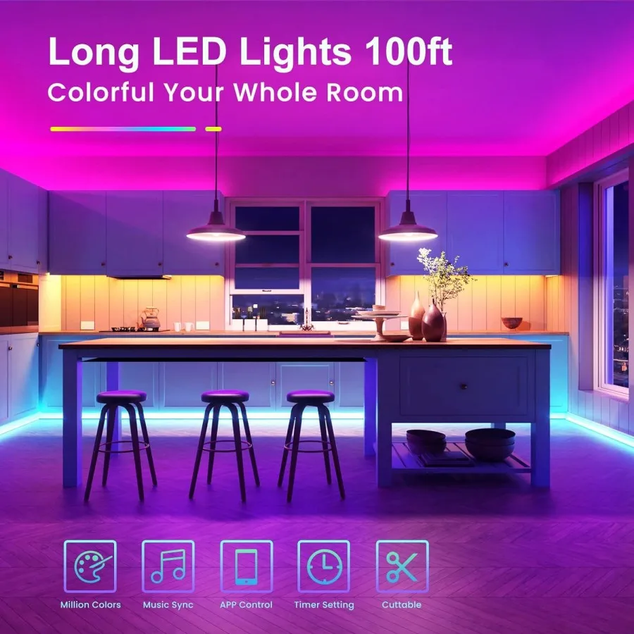 Clearance_Smart Luces LED para dormitorio, Control de aplicaciones de luces LED BT, bricolaje, múltiples colores en una línea, luces LED que cambian de color Mu