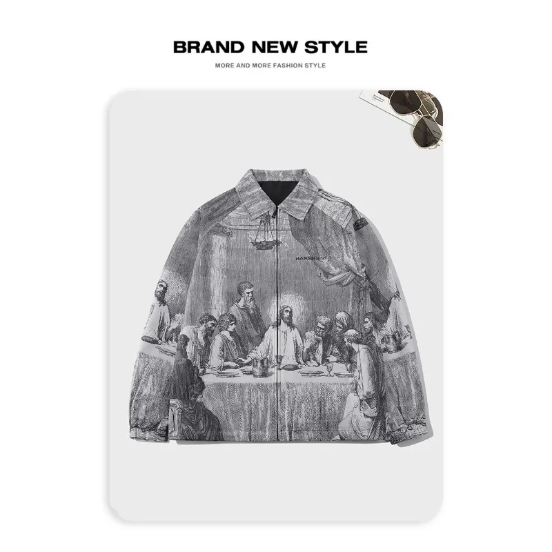 Herbst Männer Jacke Übergroßen Malerei Druck Paare Dünne Casual Jacken Männlich Weiblich Seide Vintage Kleidung Mann Mäntel Oberbekleidung