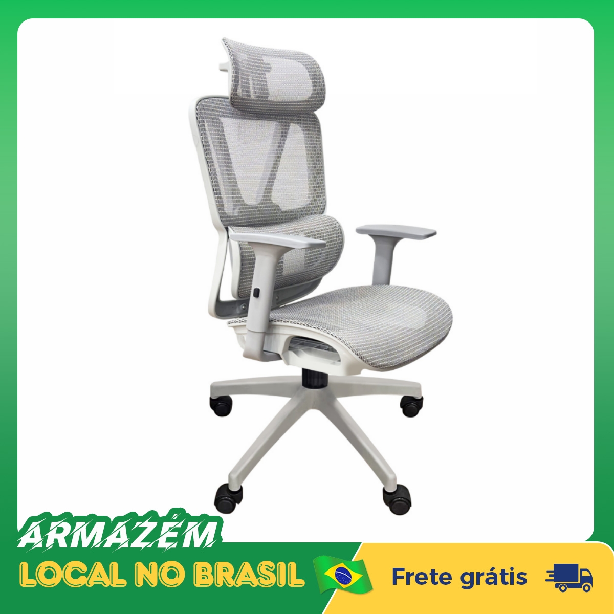 Cadeira ergonômica premium Python Fly cinza, tecido de malha respirável, apoios de braços 3D, enviada do Brasil