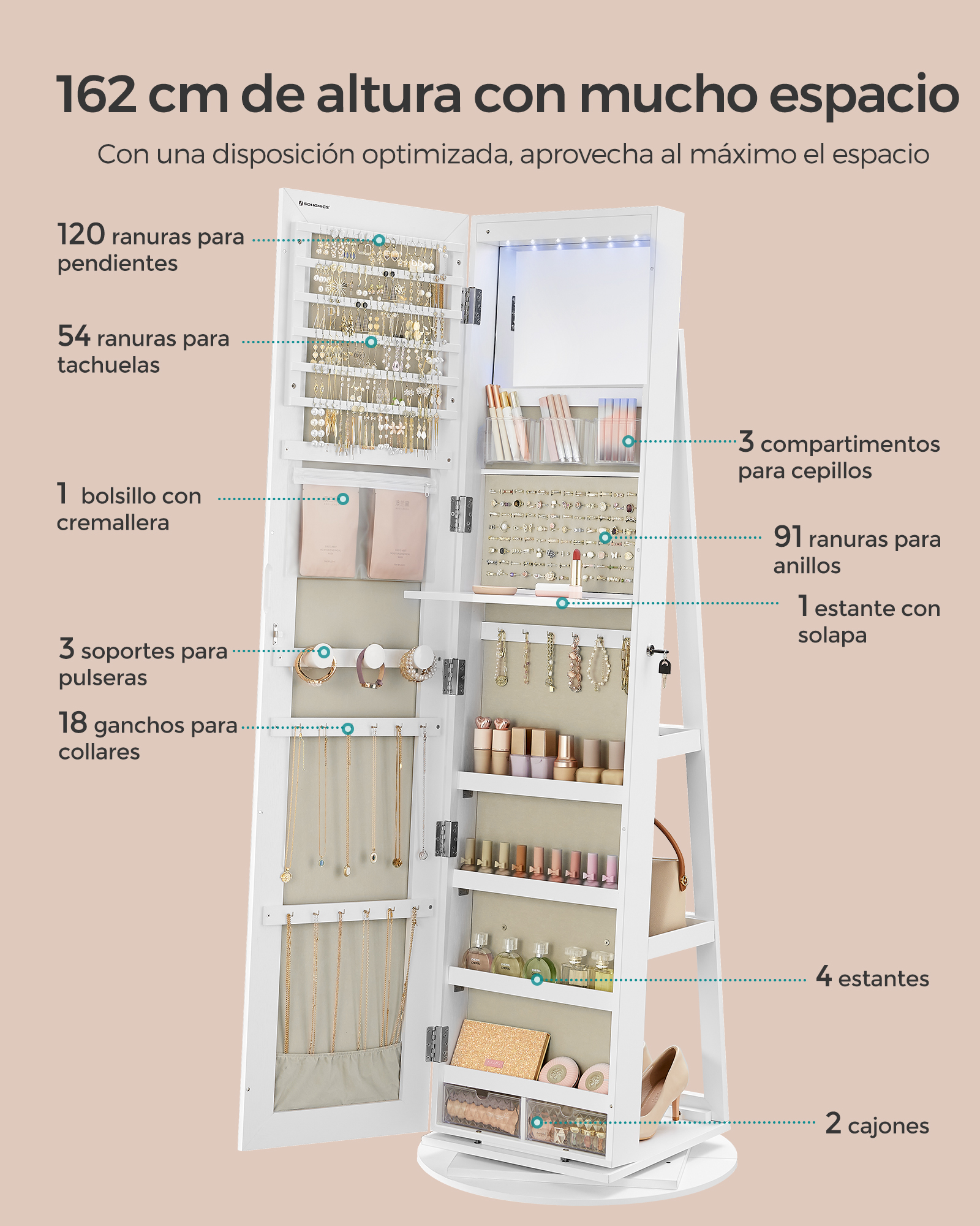 SONGMICS 6 LEDs Mirror Jewelry Cabinet, 360° Swivel Organizer, Lockable Free-Standing Full-Length Mirror with Storage