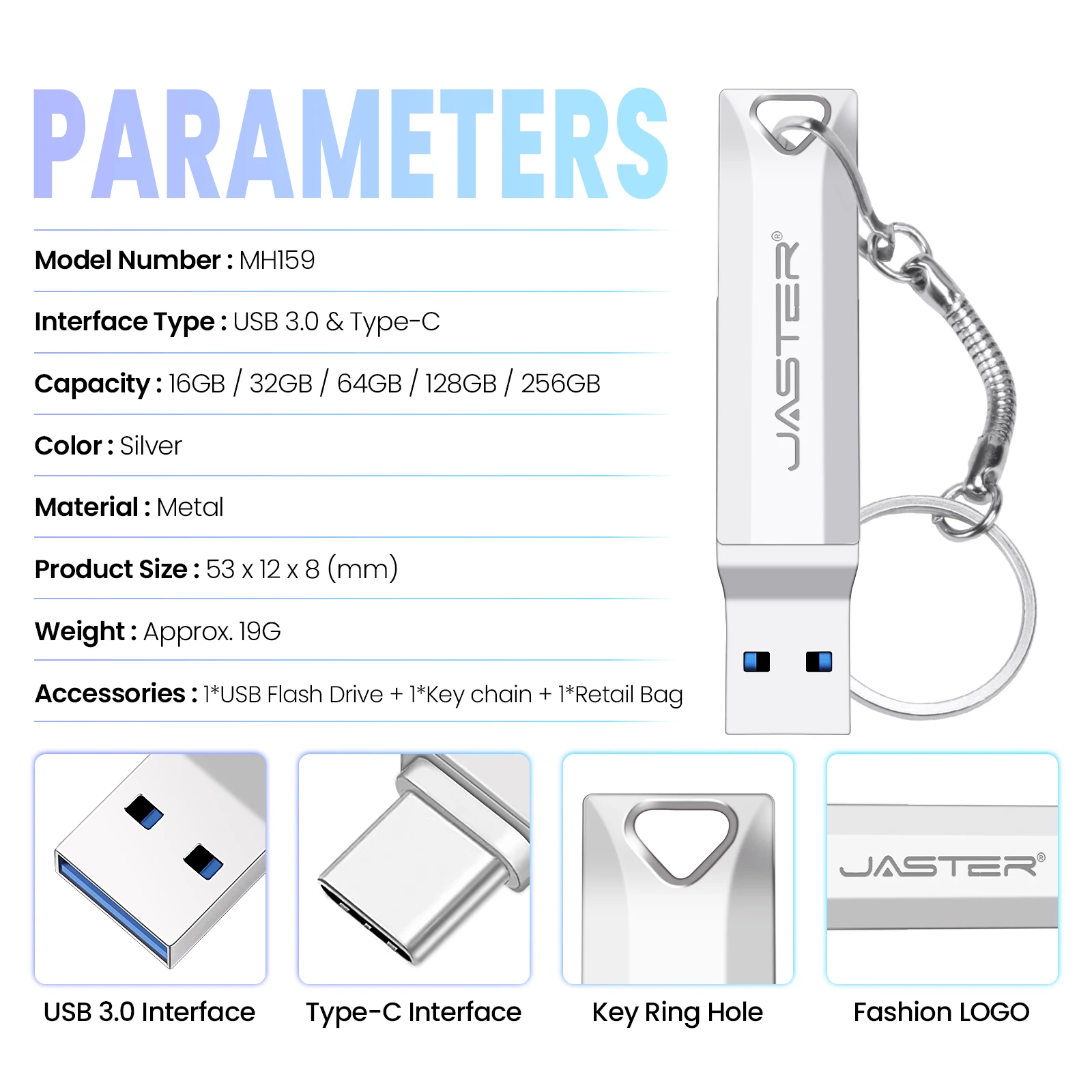 JASTER USB3.0 Type-C 2 IN 1 Pen Drive 256GB Free Key Chain USB 3.0 Flash Drive 128GB Business Memory Stick 64GB Metal USB Stick