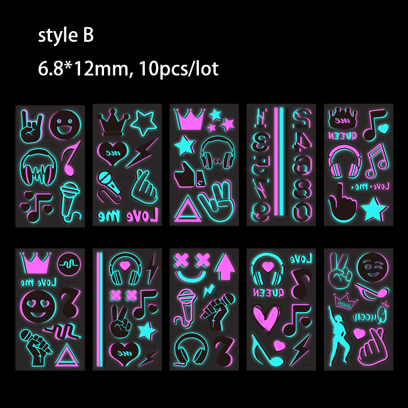 Luminous Music Festival Tattoo Glowing Dance Party สติกเกอร์รอยสักกันน้ําชั่วคราวเพลงหมายเหตุ/ชุดหูฟัง Art สติกเกอร์ผิว