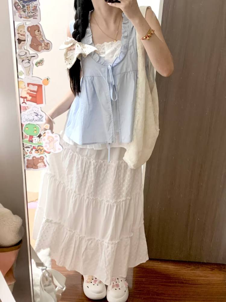 夏の韓国のファッションルーズノースリーブトップス女性甘いカジュアルレースアップ固体 V ネックシフォントップ女性のシックな薄いフリルブラウス