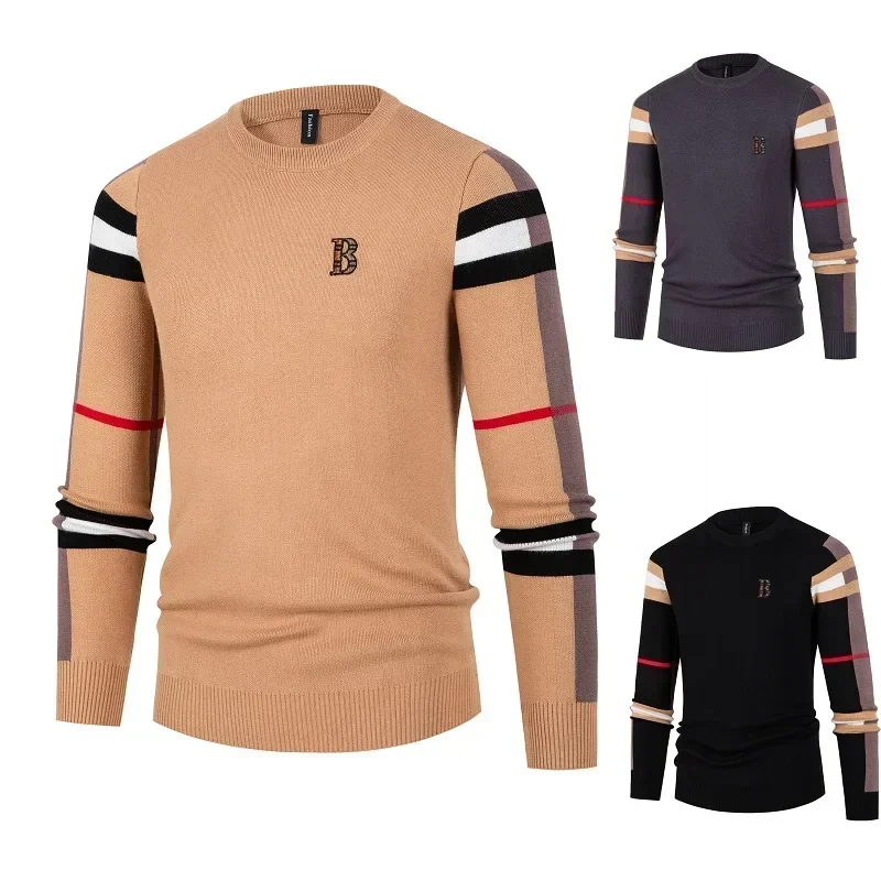 Camisola masculina de malha pulôver 2024 outono/inverno novo macio quente listrado verificador em torno do pescoço camisola casual moda roupas masculinas