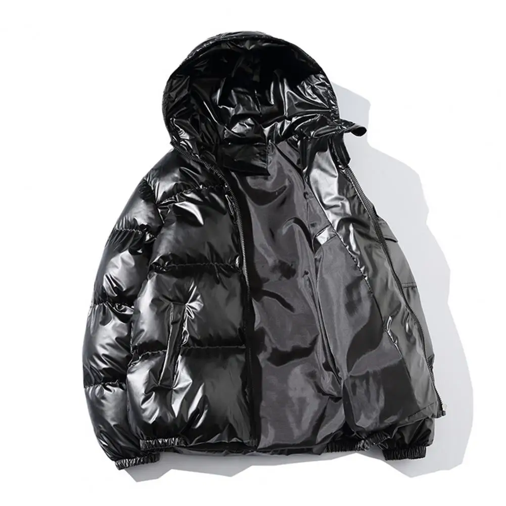 Winter-Parkas für Herren, Baumwollmantel mit Kapuze, langärmelig, hochglänzende Oberfläche, gesteppte Jacke mit Taschen, lockere Passform, verdickt, warm, kurz