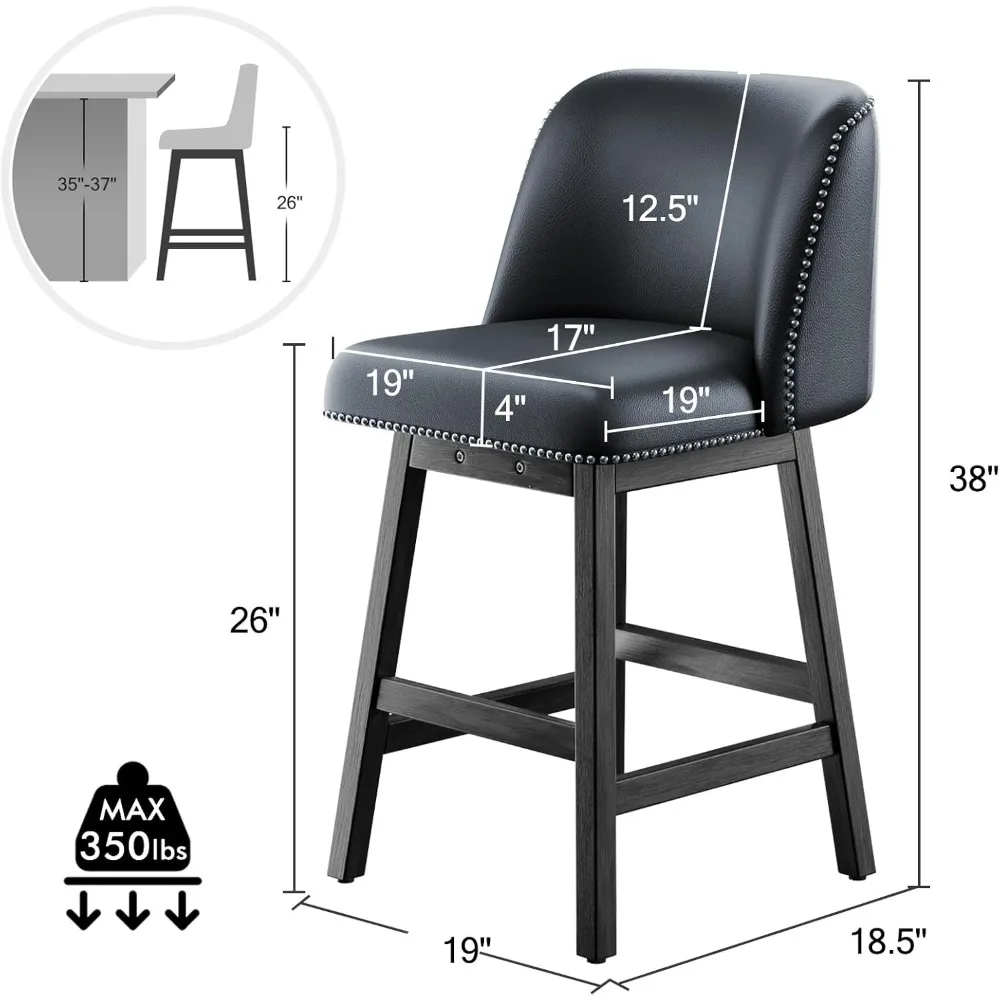 Bar Stools Set of 4, 26" Swivel Counter Height Bar Stools with Back, Faux Leather Upholstered Seat Barstool with Wooden Base