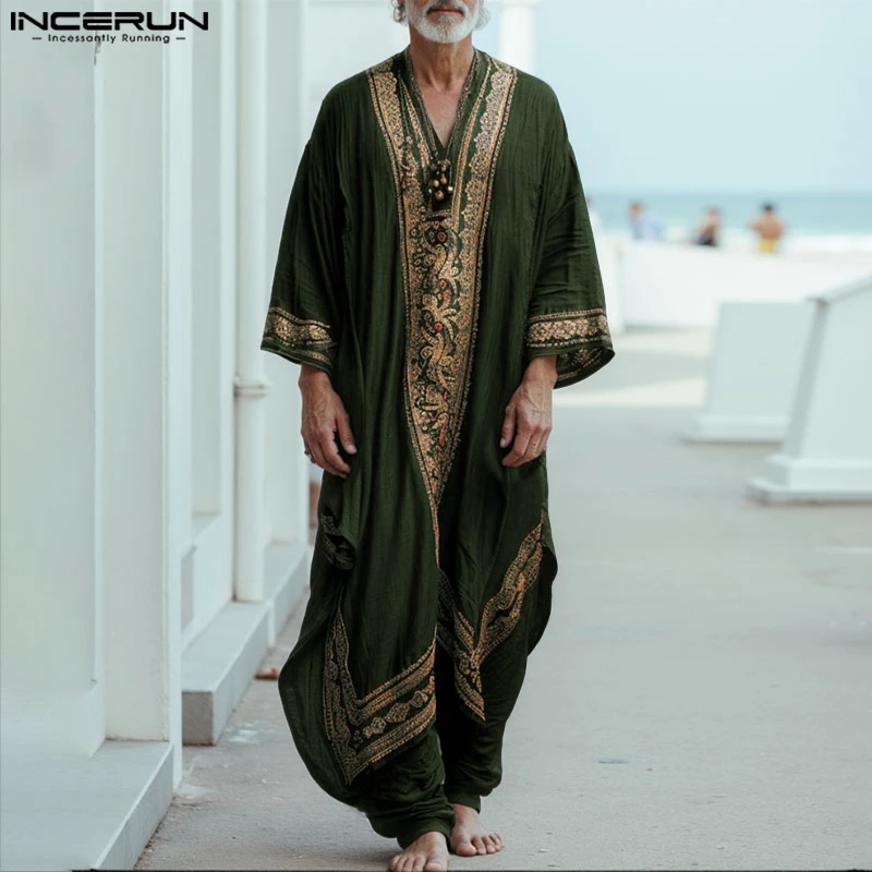 INCERUN Männer Jubba Thobe Druck Patchwork V-ausschnitt Langarm Männliche Roben Muslimischen Kaftan Lose 2025, Arabischen Casual Männer Kaftan Abaya
