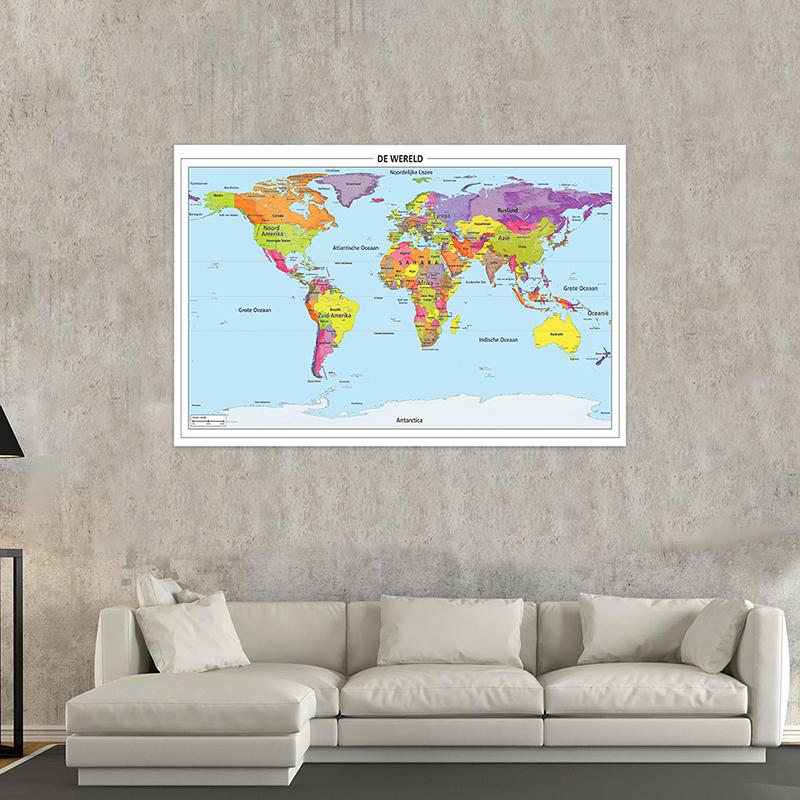 Map of The World in Dutch Detailed Poster Non-woven Canvas Wall Art Picture Office Home Decoration School Supplies 150*100cm