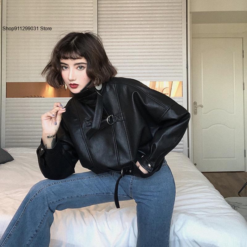 แจ็คเก็ตหนัง PU สีดำมีซิปสั้นสำหรับนักขี่หนังสังเคราะห์ทรงหลวมแนวสตรีทแขนค้างคาวฤดูใบไม้ผลิและฤดูใบไม้ร่วง