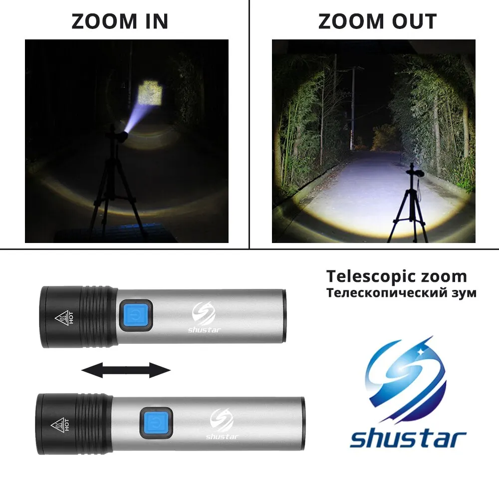 USB wiederauf ladbare LED-Taschenlampe mit LED in 1200mAh Lithium-Batterie wasserdichte Camping Licht zoombare Taschenlampe gebaut