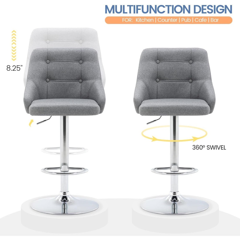 Brage Living Swivel Bar Stool with Back, Adjustable Fabric Tufted Barstool, Upholstered Counter Height Airlift Bar Chair for Kit
