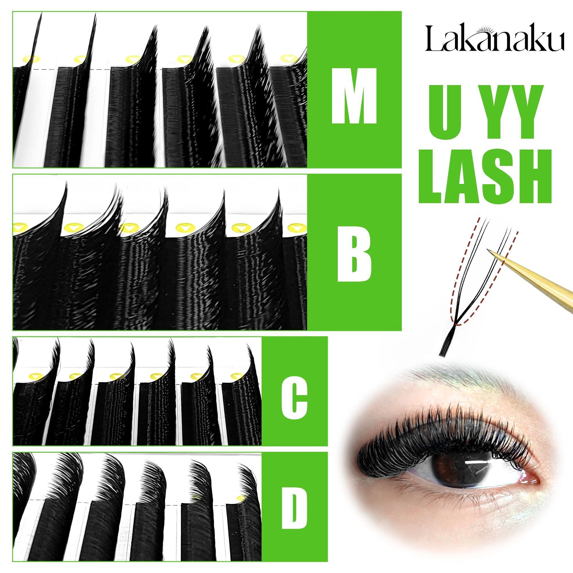 LAKANAKU 2D UU Technology Fibers Eyelash Shape U YY cilios para extensão de Volume Makeup Double Tips Parallel eyelash yy Fio u