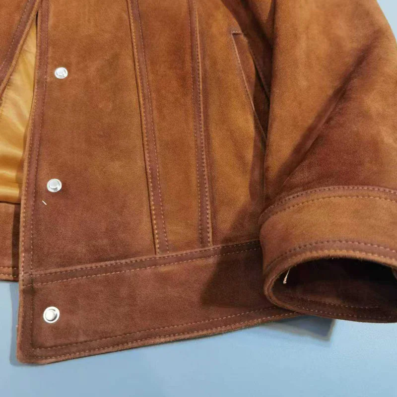 Importierte Wildleder Ziege Lederjacken 2024 fallen neue Damen Echt lederjacke lässig O-Ausschnitt weibliche braune Lammfell Mäntel Tops