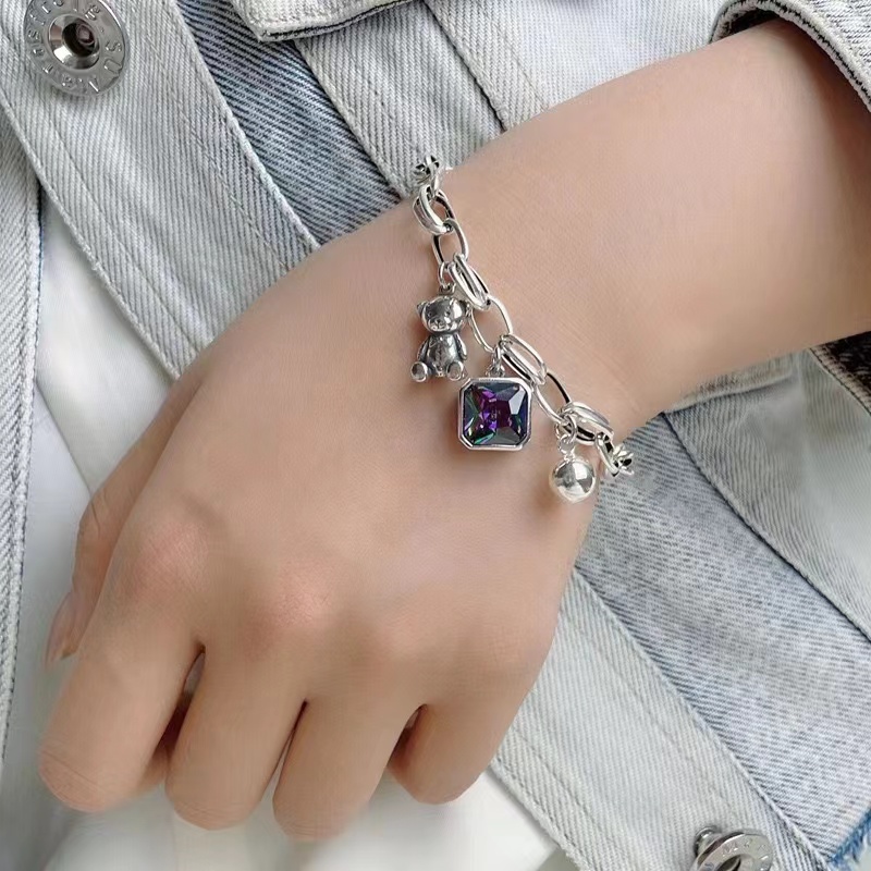 Recién llegado, dulce osito, diseño Animal, cristal brillante, Plata de Ley 925, pulsera con dijes para mujer, joyería para regalos de mujer