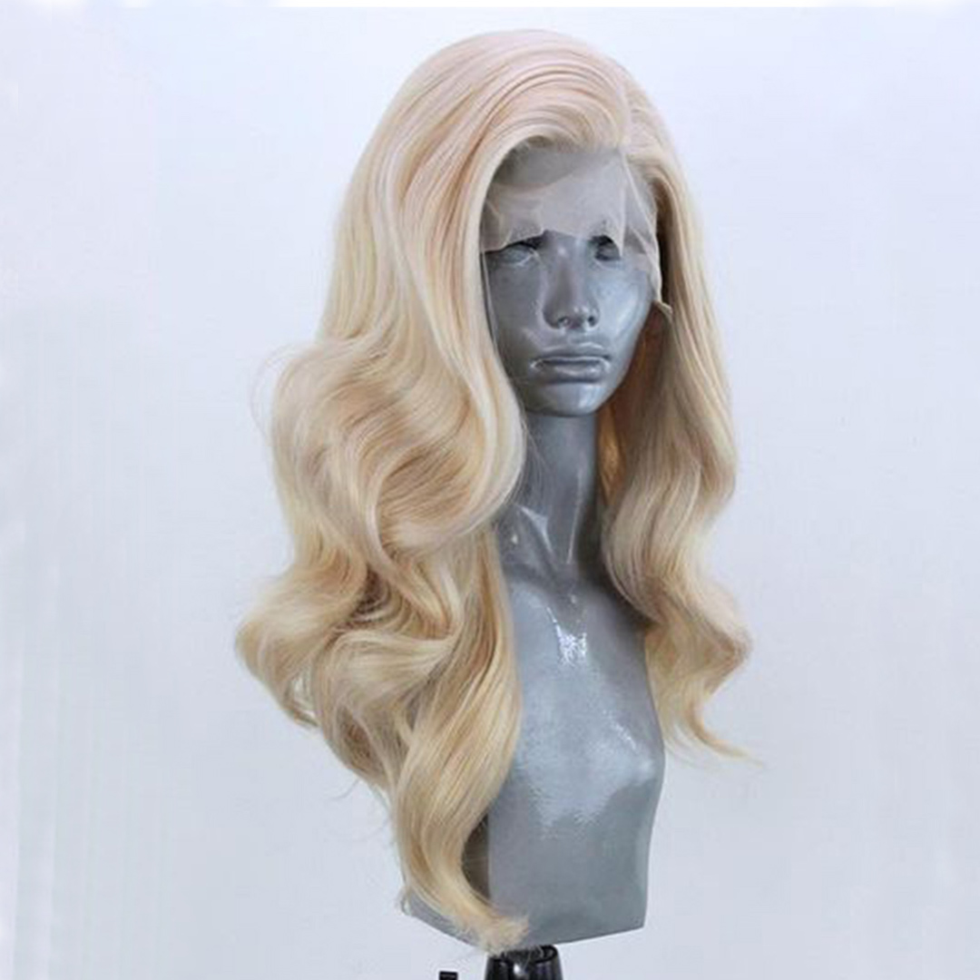 Peruca longa ondulada loira sintética com renda frontal para mulheres Gloden Blonde Drag Queen Wig