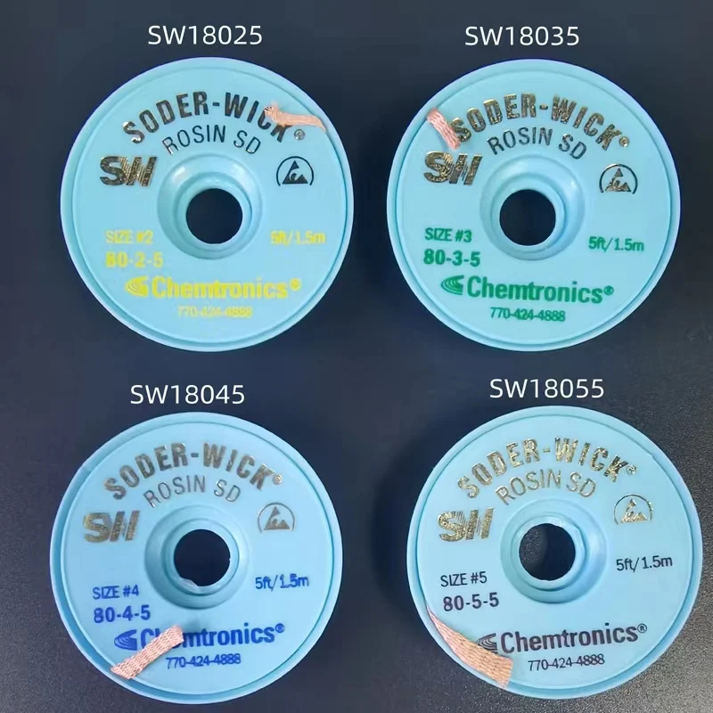 10 Miếng Gốc Mỹ SW Chemtronics SODER-WICK Hút Thiếc Loại Bện Chống Tĩnh Điện Mỏ Hàn Tẩy Bấc Dây 1.5M Chiều Dài