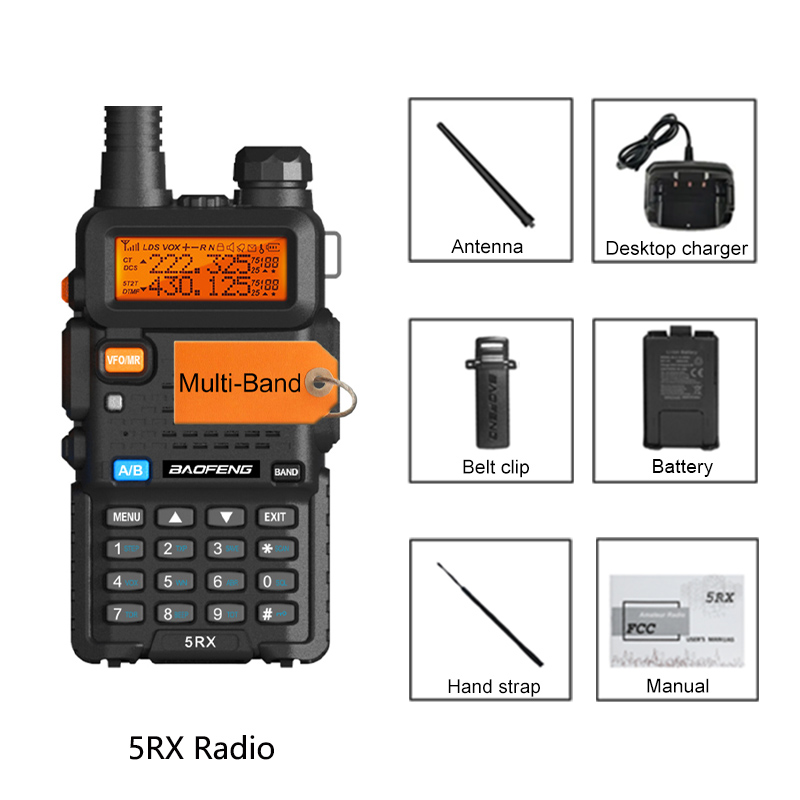 วิทยุสื่อสารมือถือ5RX Baofeng ใหม่5W หลายวง AM 1800mAh รับส่งสัญญาณวิทยุสมัครเล่น128ช่อง2024