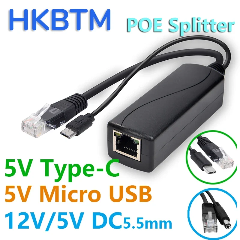 POE-splittervoeding voor Huawei, Hikvision, Bobcat, Raspberry Pi, Micro USB, Tpye-C BarrelJack, 48V tot 5V, 12V