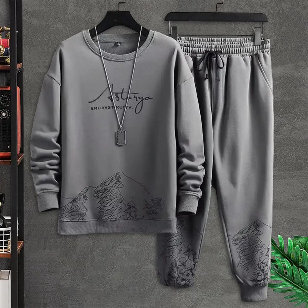 Taschen Jogginganzug Herren Mountain Print Lässiges Trainingsanzug-Set mit O-Ausschnitt Sweatshirt Joggerhose für Herbst Winter Herren