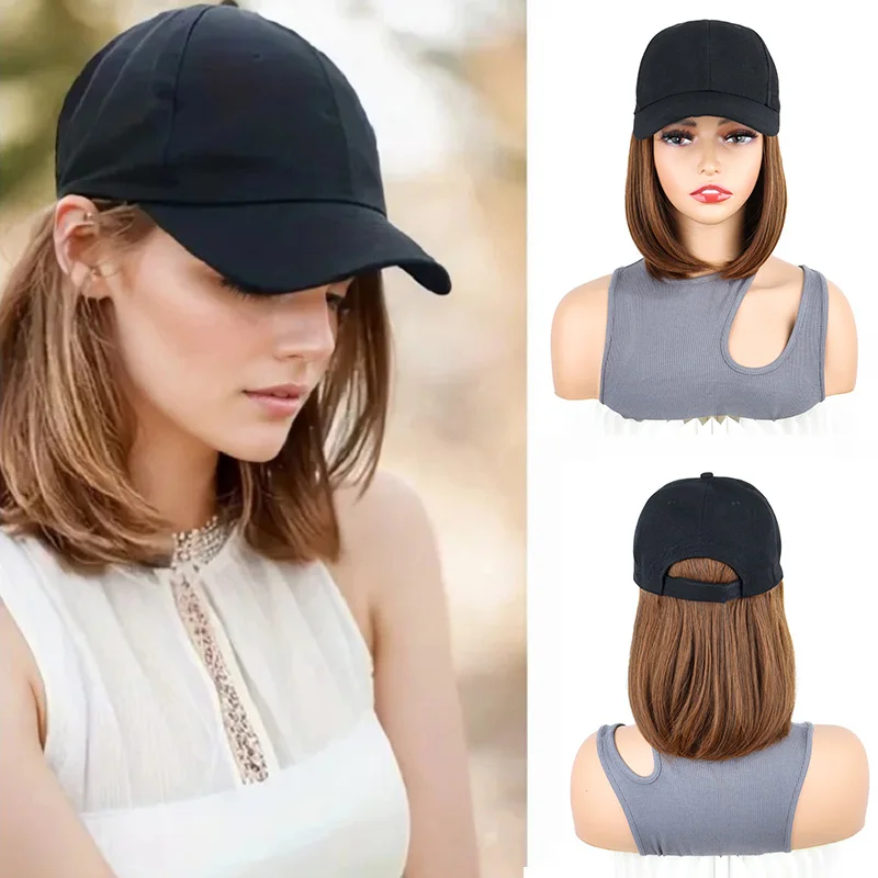 Synthetische kurze gerade Bobo-Hut-Perücken, Baseballkappe, verstellbares schwarzbraunes Haarteil für Frauen