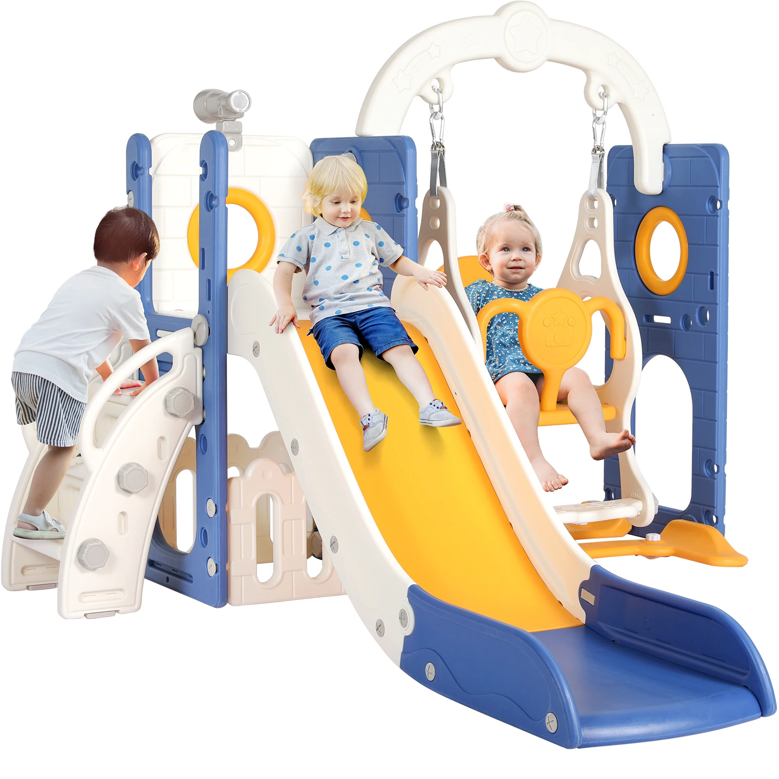 Escalador esportivo de tempo de jogo, conjunto de jogos interno/externo para crianças, conjunto de playground de quintal, escorregador, parede de escalada, cesta de basquete, academia de salto