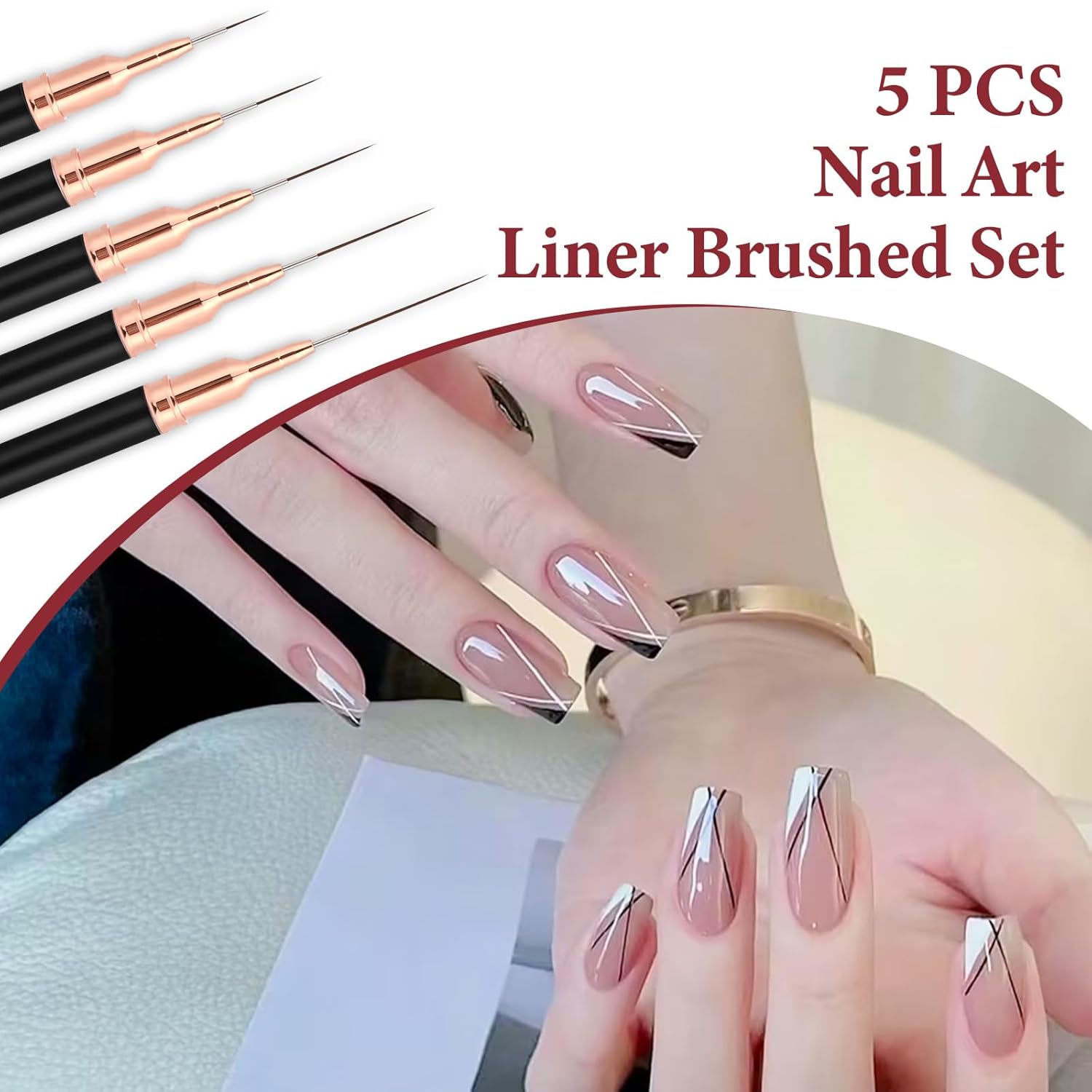 YIKOOLIN 5pcs Nail Art Liner Brush Set UV Gel Nail Brushes Kits French Stripe Line Painting Drawing Flower Pen Manicure Tool