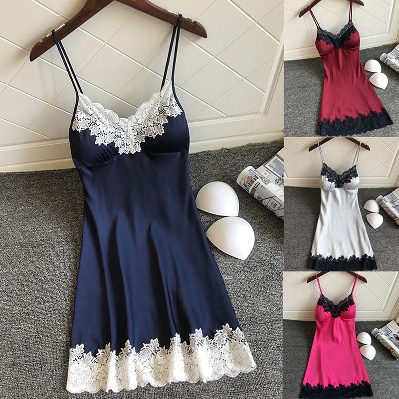 Vestido noturno sexy de seda feminino com peito, mini vestido com retalho de renda, pijamas com alça de espaguete, lingerie feminina, verão