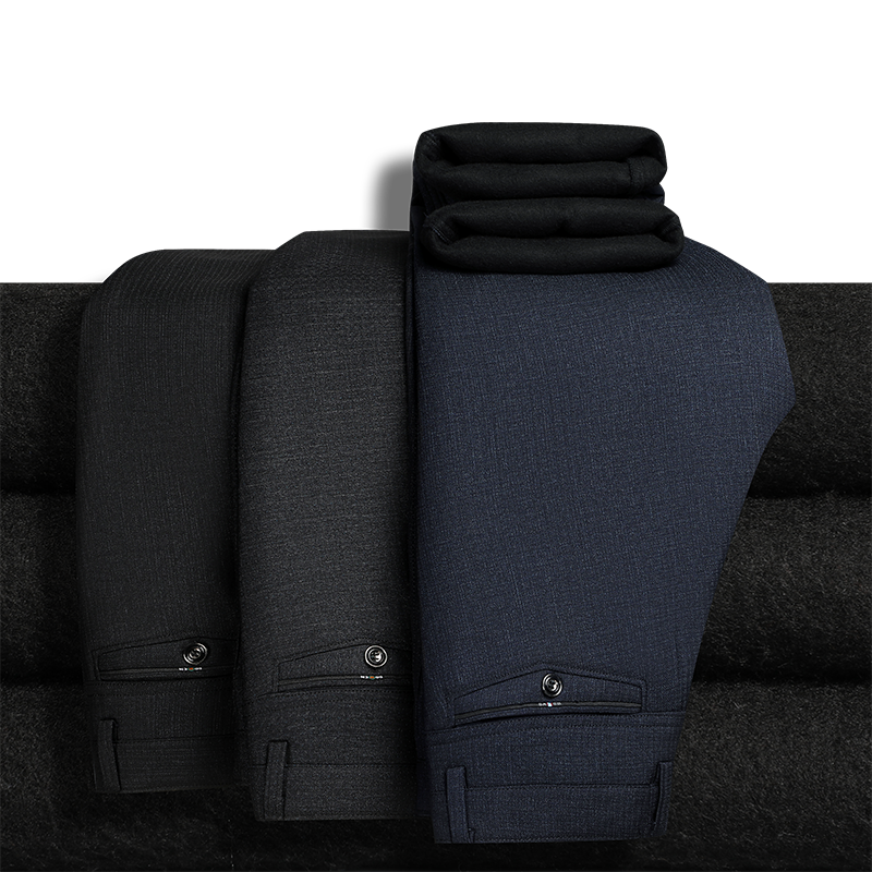 Pantalon de costume doublé polaire pour hommes, décontracté, ample, droit, noir, robe formelle, bleu marine, épais et chaud