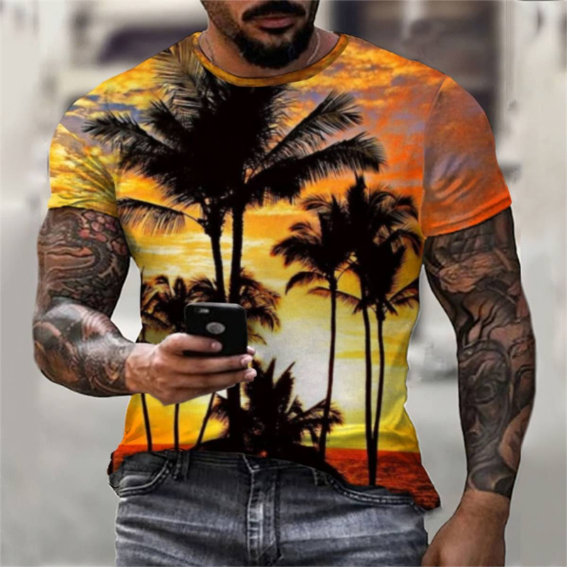 Kaus pohon kelapa kaus Hawaii pria kaus cetak Digital 3D kerah pantai tropis bunga kasual longgar Atasan Pria clothi