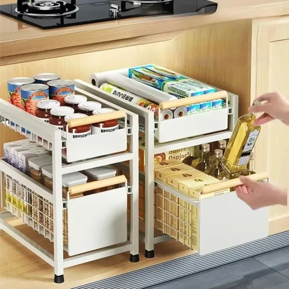 Kitchen Storage Racks Bathroom Layered Storage Cabinet Under Sink Organizer Sliding Pull-Out Drawer Shelf Bathroom Layered Rack